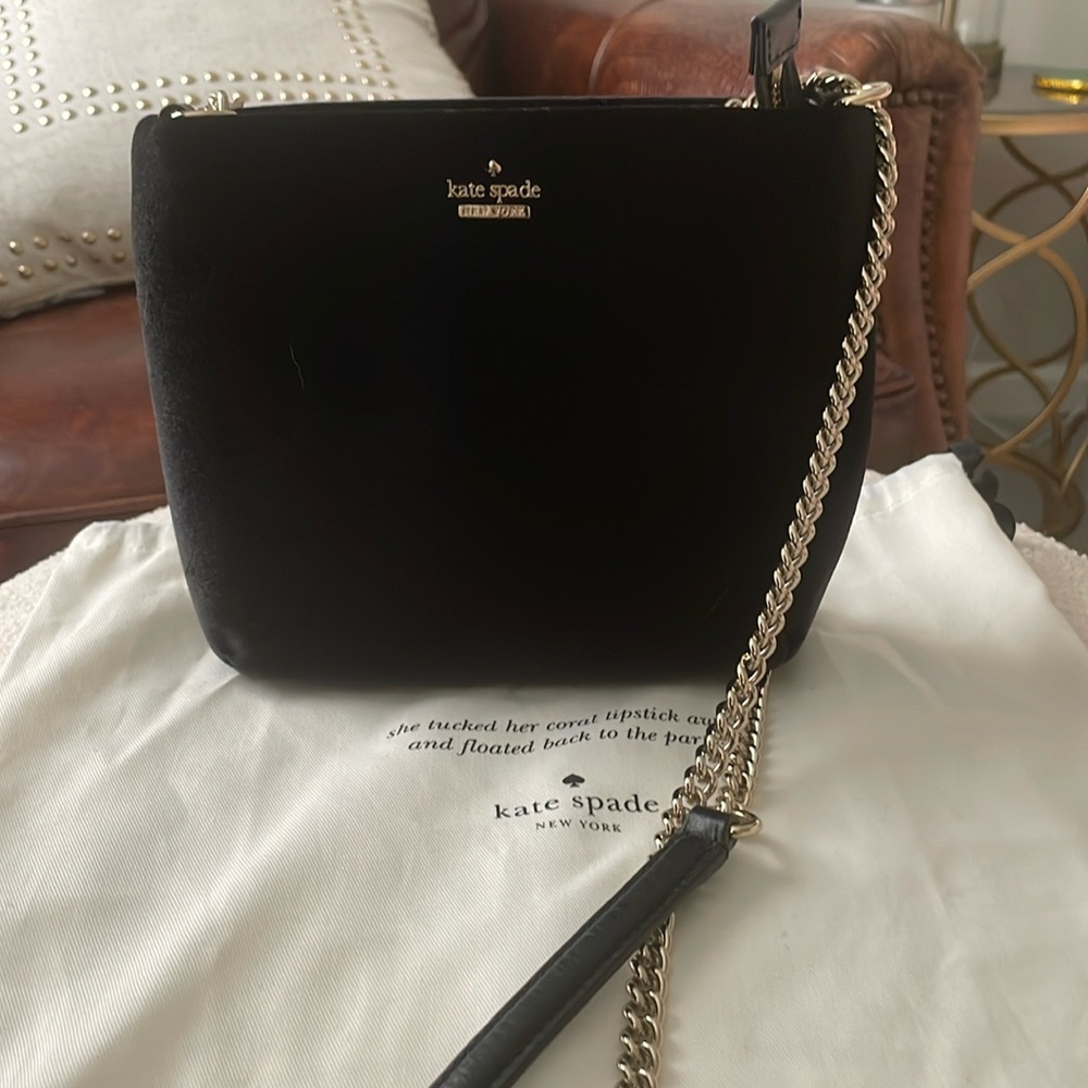 Kate Spade black velvet purse with gold chain